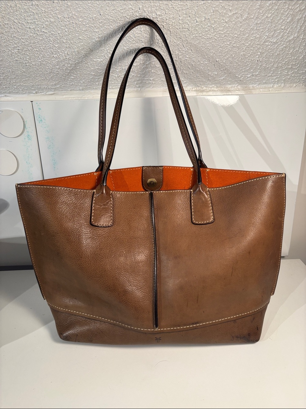 Frye Brown Leather Tote with Orange Interior - Picture 1 of 9